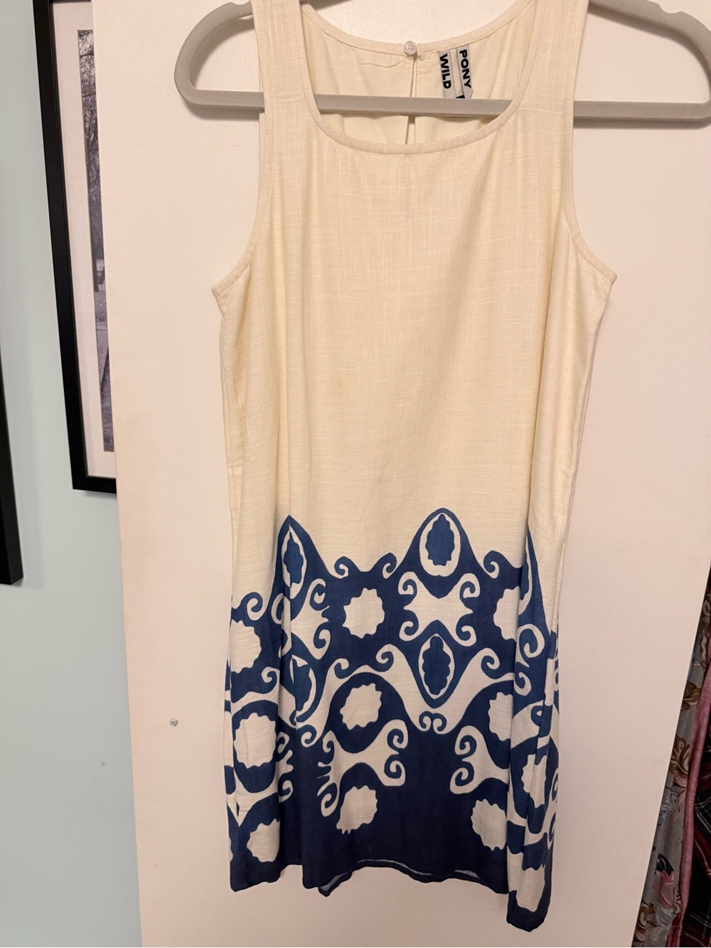 Pony Cream and Navy Sleeveless Patterned Shift Dress